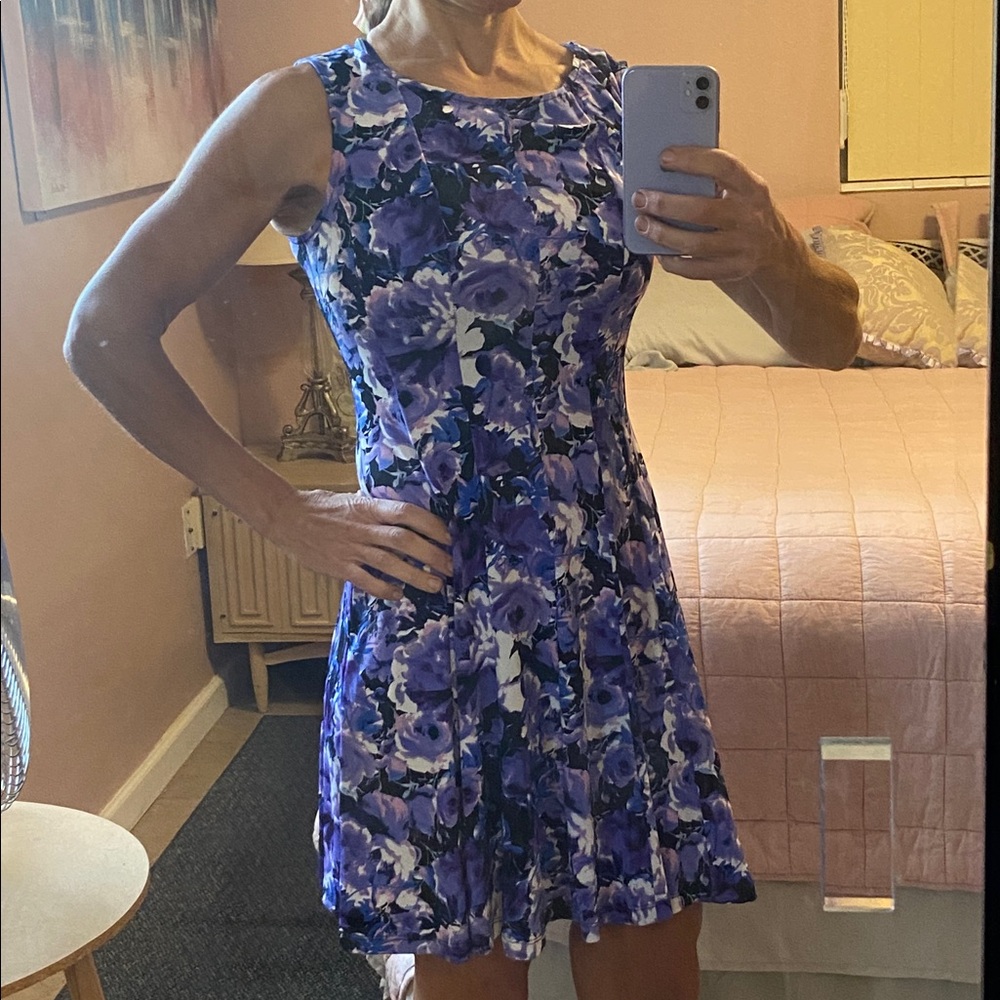“Connected Apparel” Blue and Purple Floral Midi Dress - comfortable and cute